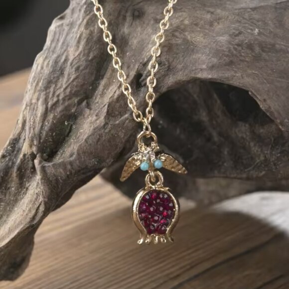 Jeweled Pomegranate Gold 925 Sterling Silver Fruit Unique Vintage Necklace - Picture 3 of 4